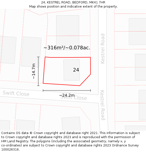 24, KESTREL ROAD, BEDFORD, MK41 7HR: Plot and title map