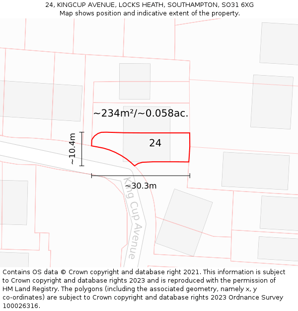 24, KINGCUP AVENUE, LOCKS HEATH, SOUTHAMPTON, SO31 6XG: Plot and title map