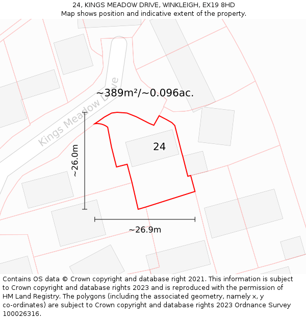 24, KINGS MEADOW DRIVE, WINKLEIGH, EX19 8HD: Plot and title map