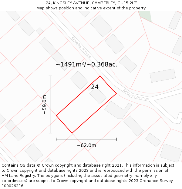 24, KINGSLEY AVENUE, CAMBERLEY, GU15 2LZ: Plot and title map