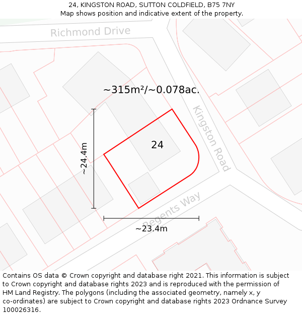 24, KINGSTON ROAD, SUTTON COLDFIELD, B75 7NY: Plot and title map
