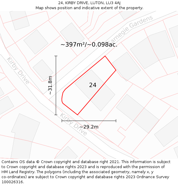 24, KIRBY DRIVE, LUTON, LU3 4AJ: Plot and title map