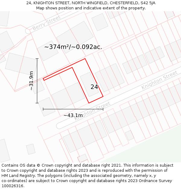 24, KNIGHTON STREET, NORTH WINGFIELD, CHESTERFIELD, S42 5JA: Plot and title map