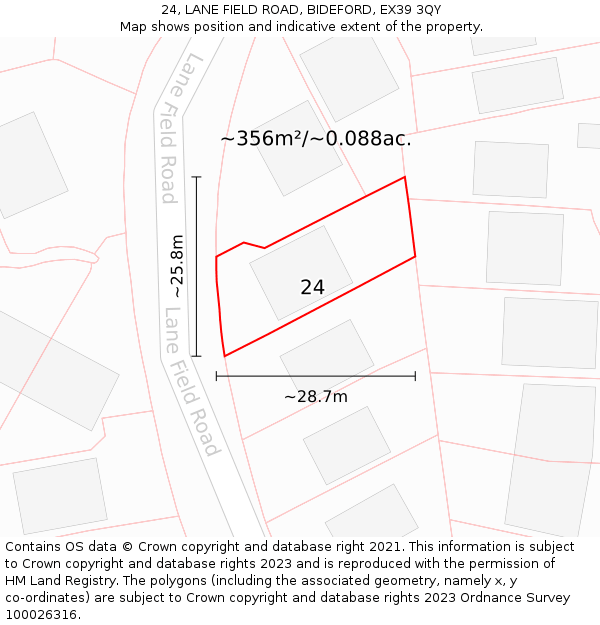 24, LANE FIELD ROAD, BIDEFORD, EX39 3QY: Plot and title map