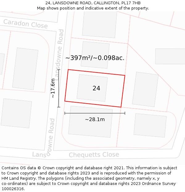 24, LANSDOWNE ROAD, CALLINGTON, PL17 7HB: Plot and title map