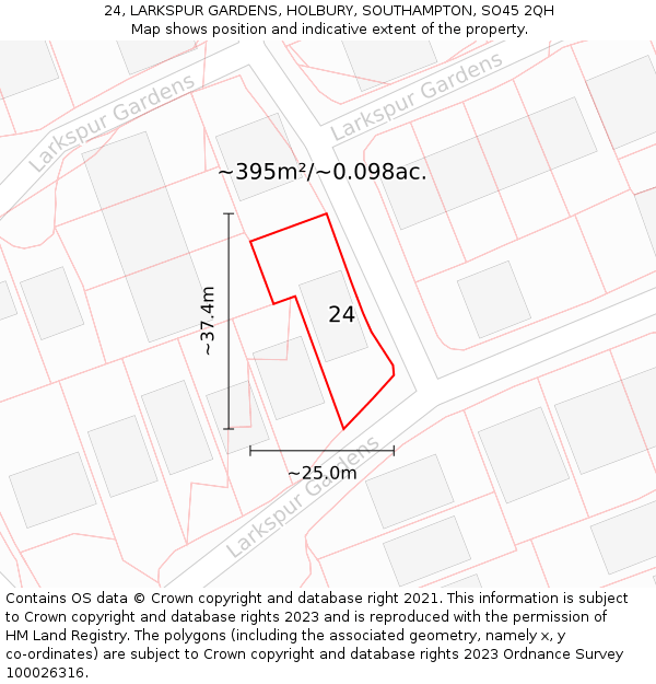 24, LARKSPUR GARDENS, HOLBURY, SOUTHAMPTON, SO45 2QH: Plot and title map