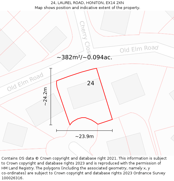24, LAUREL ROAD, HONITON, EX14 2XN: Plot and title map