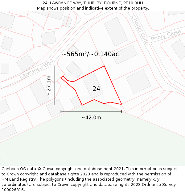 24, LAWRANCE WAY, THURLBY, BOURNE, PE10 0HU: Plot and title map