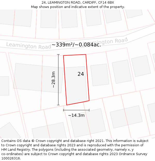 24, LEAMINGTON ROAD, CARDIFF, CF14 6BX: Plot and title map