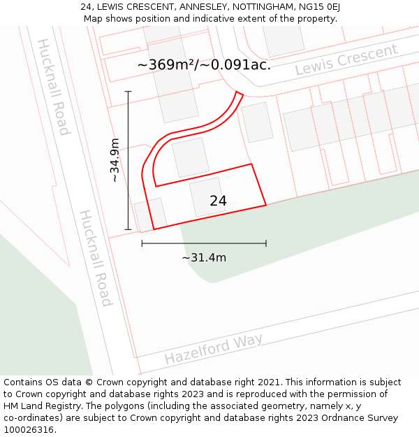 24, LEWIS CRESCENT, ANNESLEY, NOTTINGHAM, NG15 0EJ: Plot and title map