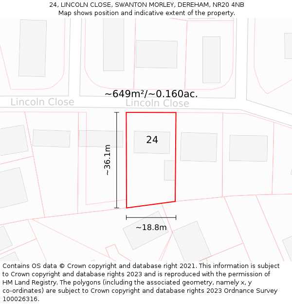 24, LINCOLN CLOSE, SWANTON MORLEY, DEREHAM, NR20 4NB: Plot and title map