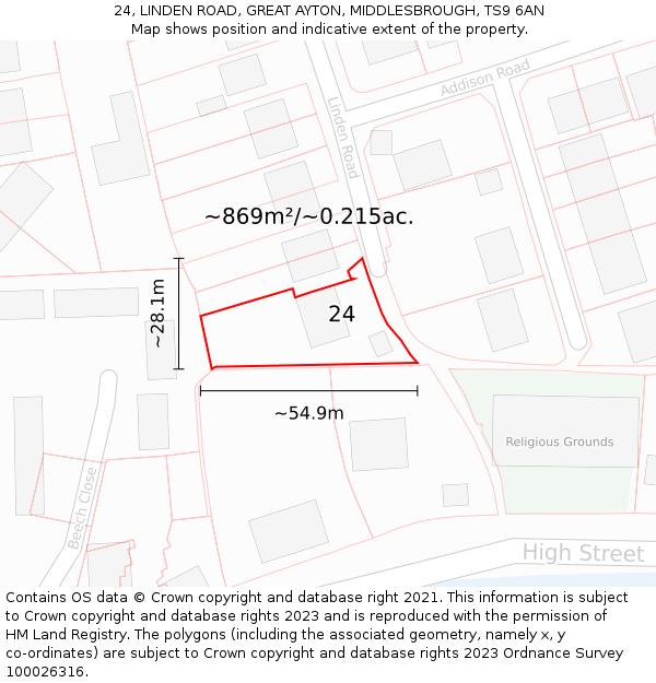 24, LINDEN ROAD, GREAT AYTON, MIDDLESBROUGH, TS9 6AN: Plot and title map