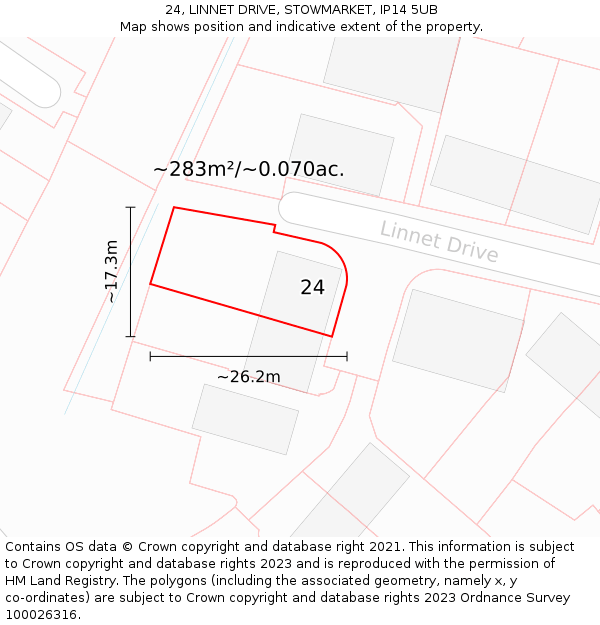 24, LINNET DRIVE, STOWMARKET, IP14 5UB: Plot and title map