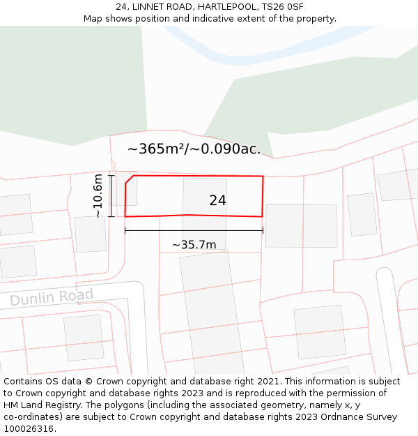 24, LINNET ROAD, HARTLEPOOL, TS26 0SF: Plot and title map