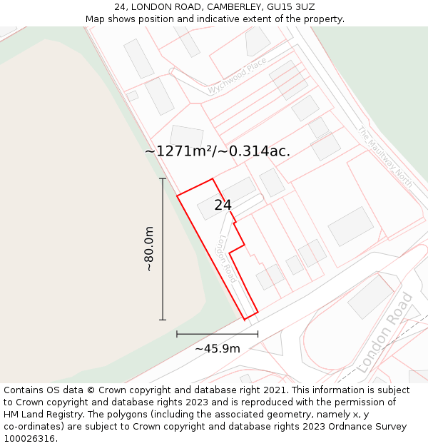 24, LONDON ROAD, CAMBERLEY, GU15 3UZ: Plot and title map