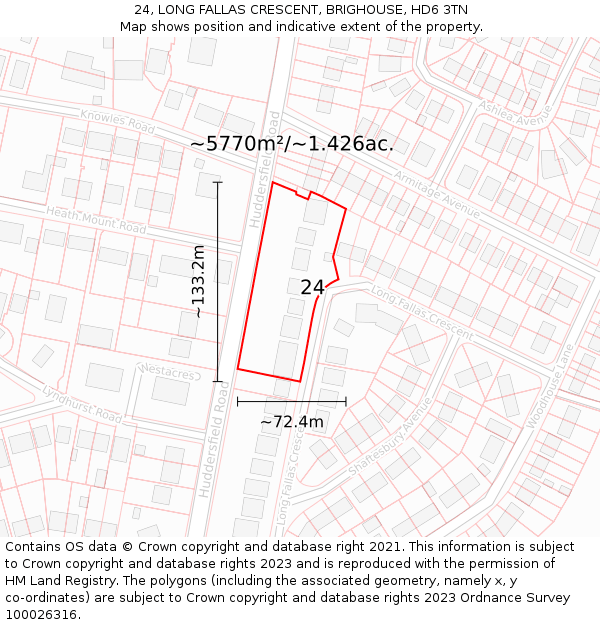 24, LONG FALLAS CRESCENT, BRIGHOUSE, HD6 3TN: Plot and title map