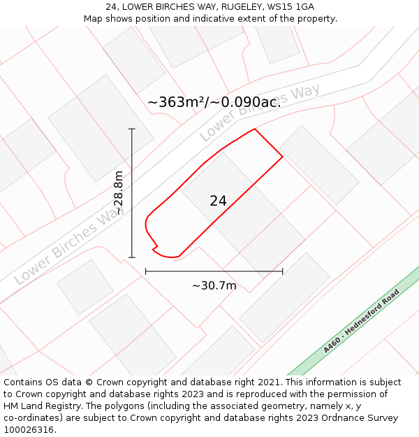 24, LOWER BIRCHES WAY, RUGELEY, WS15 1GA: Plot and title map