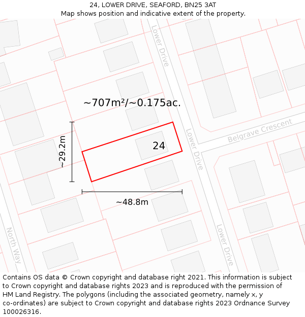 24, LOWER DRIVE, SEAFORD, BN25 3AT: Plot and title map