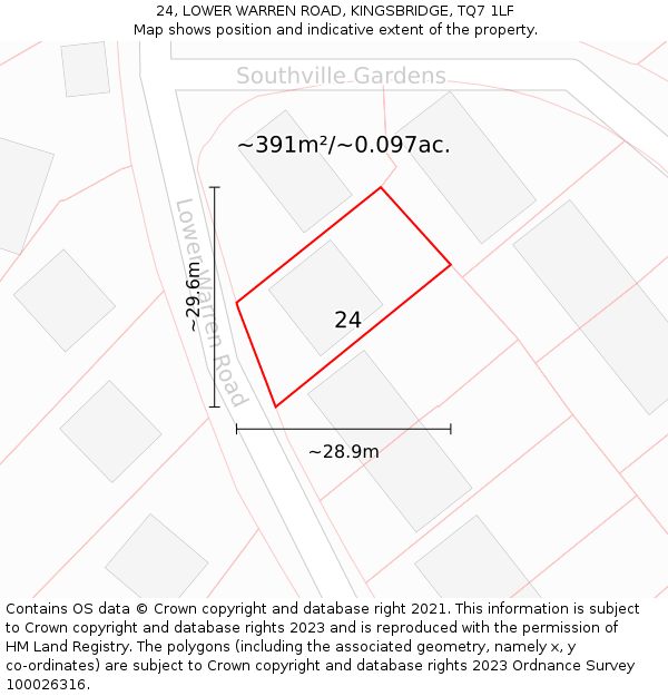 24, LOWER WARREN ROAD, KINGSBRIDGE, TQ7 1LF: Plot and title map