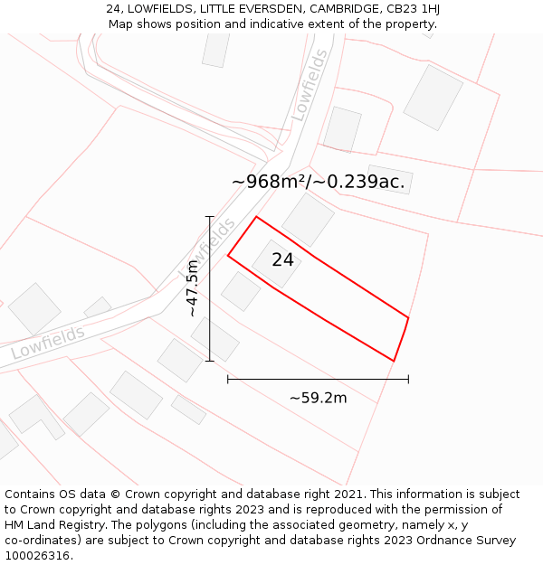 24, LOWFIELDS, LITTLE EVERSDEN, CAMBRIDGE, CB23 1HJ: Plot and title map