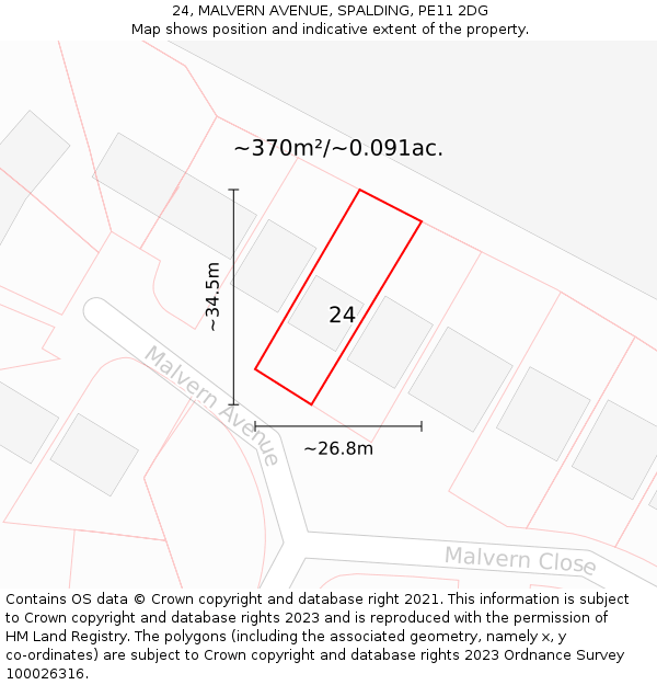 24, MALVERN AVENUE, SPALDING, PE11 2DG: Plot and title map