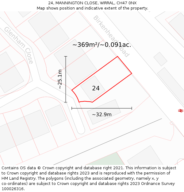 24, MANNINGTON CLOSE, WIRRAL, CH47 0NX: Plot and title map