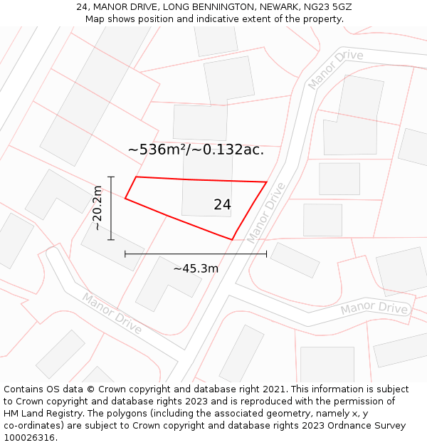 24, MANOR DRIVE, LONG BENNINGTON, NEWARK, NG23 5GZ: Plot and title map