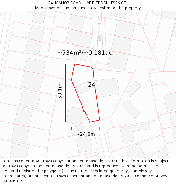 24, MANOR ROAD, HARTLEPOOL, TS26 0EH: Plot and title map