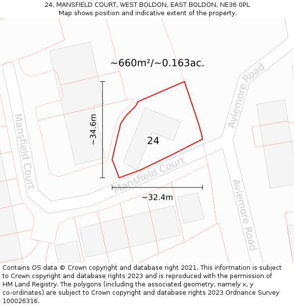 24, MANSFIELD COURT, WEST BOLDON, EAST BOLDON, NE36 0PL: Plot and title map