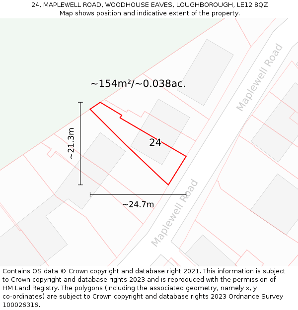 24, MAPLEWELL ROAD, WOODHOUSE EAVES, LOUGHBOROUGH, LE12 8QZ: Plot and title map