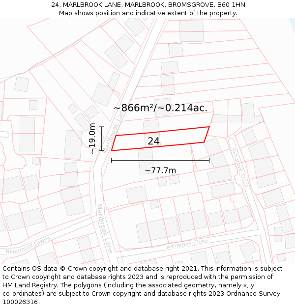 24, MARLBROOK LANE, MARLBROOK, BROMSGROVE, B60 1HN: Plot and title map