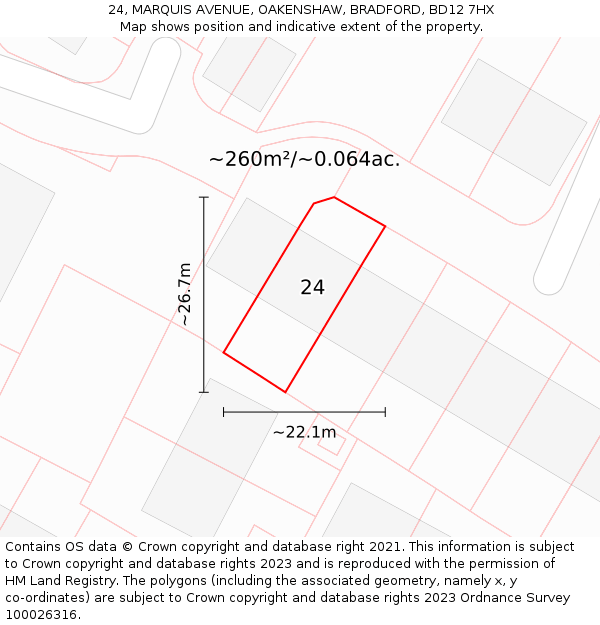 24, MARQUIS AVENUE, OAKENSHAW, BRADFORD, BD12 7HX: Plot and title map