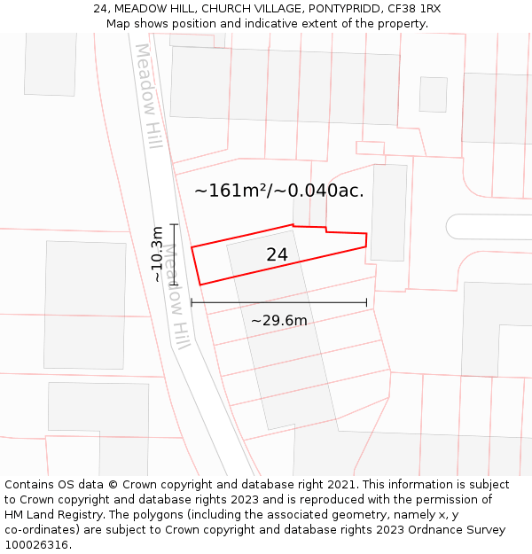 24, MEADOW HILL, CHURCH VILLAGE, PONTYPRIDD, CF38 1RX: Plot and title map