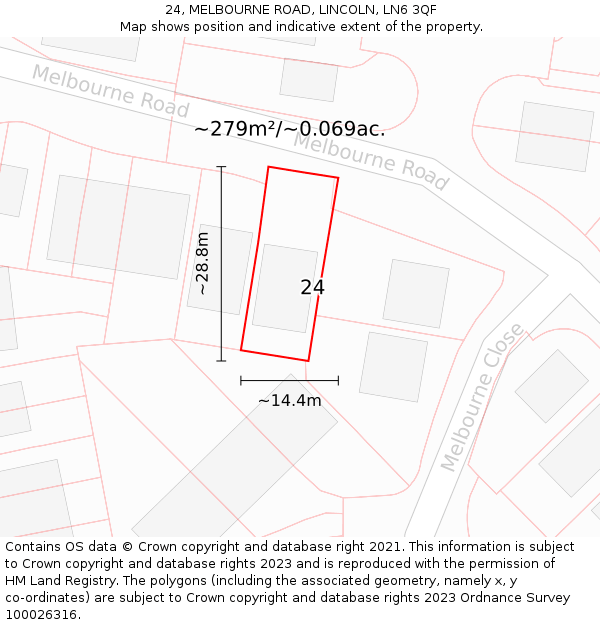 24, MELBOURNE ROAD, LINCOLN, LN6 3QF: Plot and title map