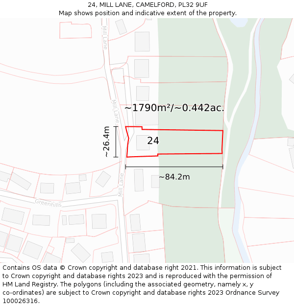 24, MILL LANE, CAMELFORD, PL32 9UF: Plot and title map