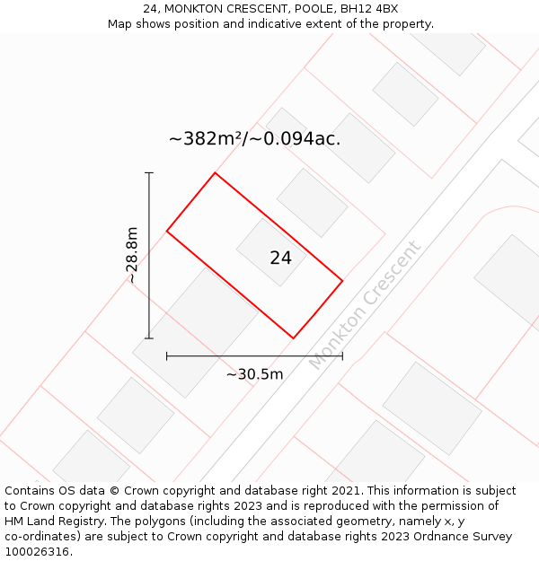 24, MONKTON CRESCENT, POOLE, BH12 4BX: Plot and title map