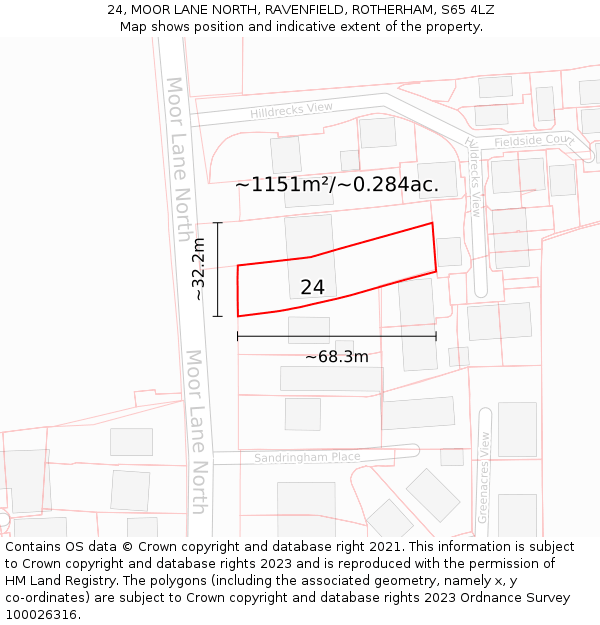 24, MOOR LANE NORTH, RAVENFIELD, ROTHERHAM, S65 4LZ: Plot and title map