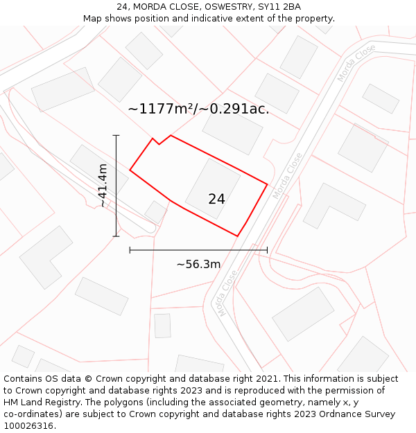 24, MORDA CLOSE, OSWESTRY, SY11 2BA: Plot and title map