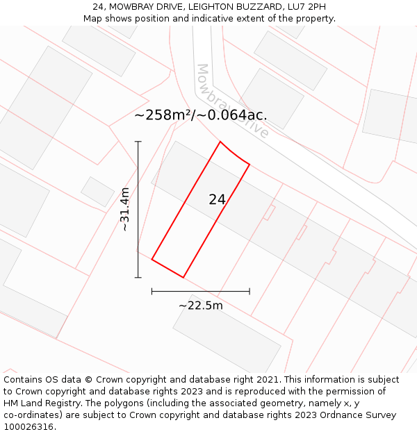 24, MOWBRAY DRIVE, LEIGHTON BUZZARD, LU7 2PH: Plot and title map