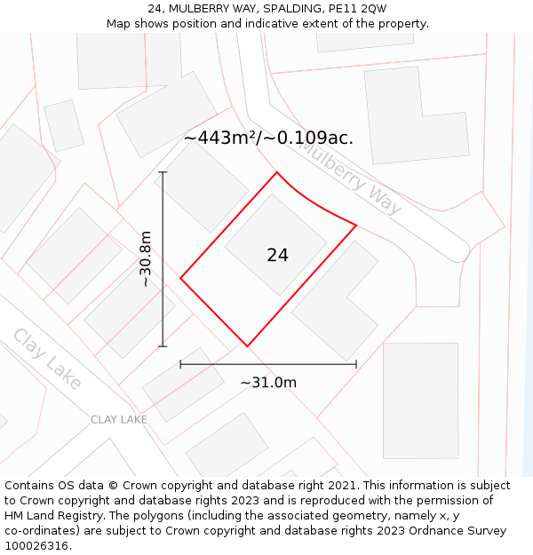 24, MULBERRY WAY, SPALDING, PE11 2QW: Plot and title map