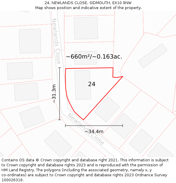 24, NEWLANDS CLOSE, SIDMOUTH, EX10 9NW: Plot and title map