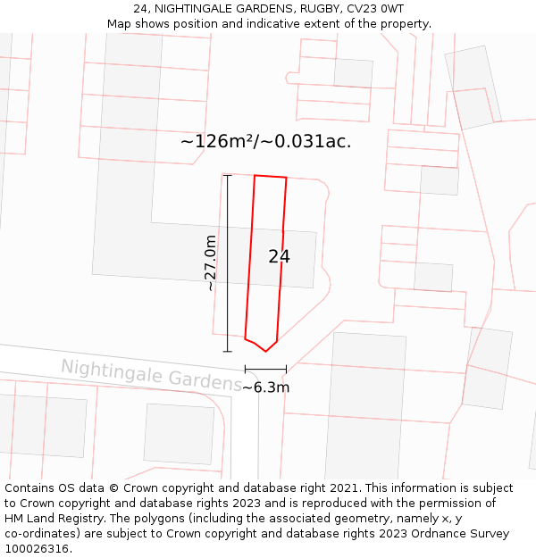 24, NIGHTINGALE GARDENS, RUGBY, CV23 0WT: Plot and title map