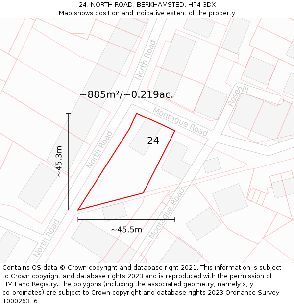 24, NORTH ROAD, BERKHAMSTED, HP4 3DX: Plot and title map