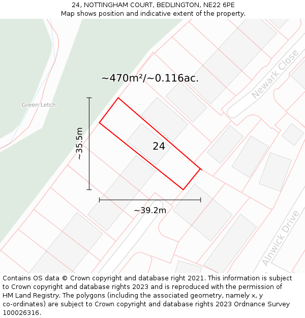 24, NOTTINGHAM COURT, BEDLINGTON, NE22 6PE: Plot and title map