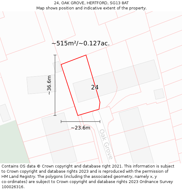 24, OAK GROVE, HERTFORD, SG13 8AT: Plot and title map