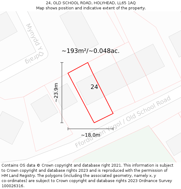 24, OLD SCHOOL ROAD, HOLYHEAD, LL65 1AQ: Plot and title map