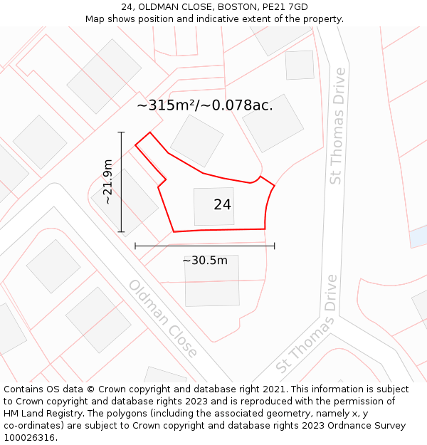 24, OLDMAN CLOSE, BOSTON, PE21 7GD: Plot and title map