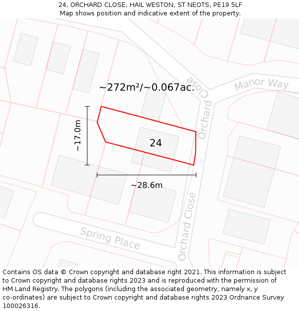 24, ORCHARD CLOSE, HAIL WESTON, ST NEOTS, PE19 5LF: Plot and title map