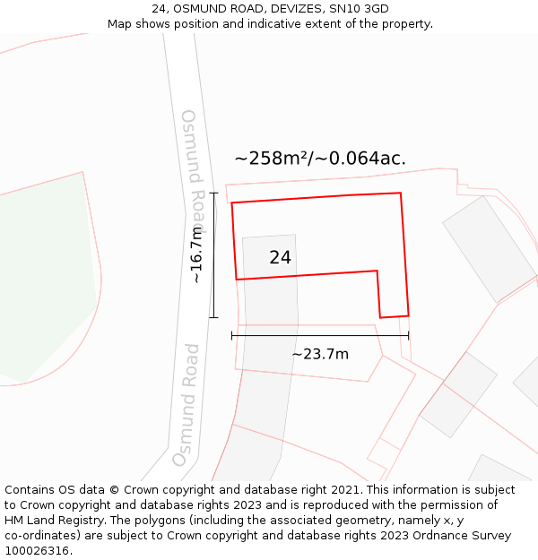 24, OSMUND ROAD, DEVIZES, SN10 3GD: Plot and title map