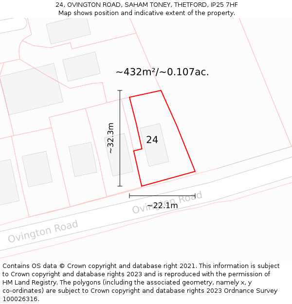 24, OVINGTON ROAD, SAHAM TONEY, THETFORD, IP25 7HF: Plot and title map